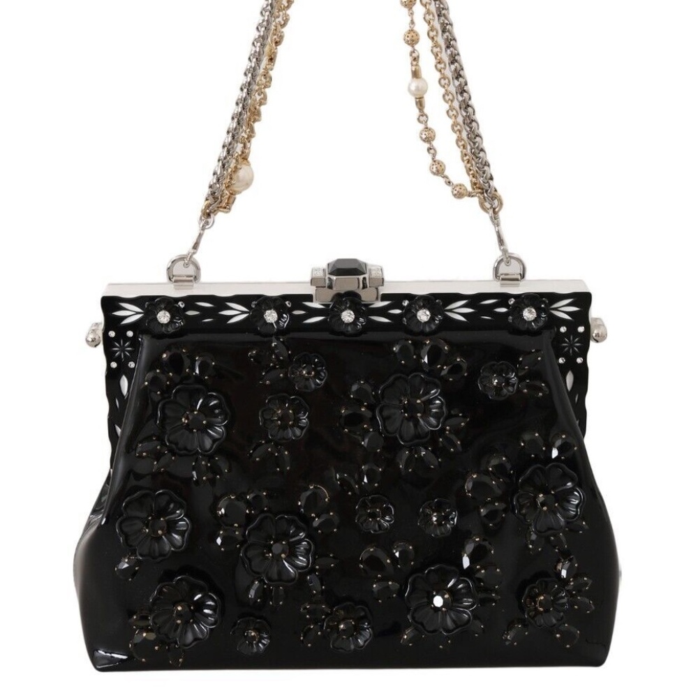 DOLCE & GABBANA Black Floral Crystal Rubber VANDA Shoulder Bag